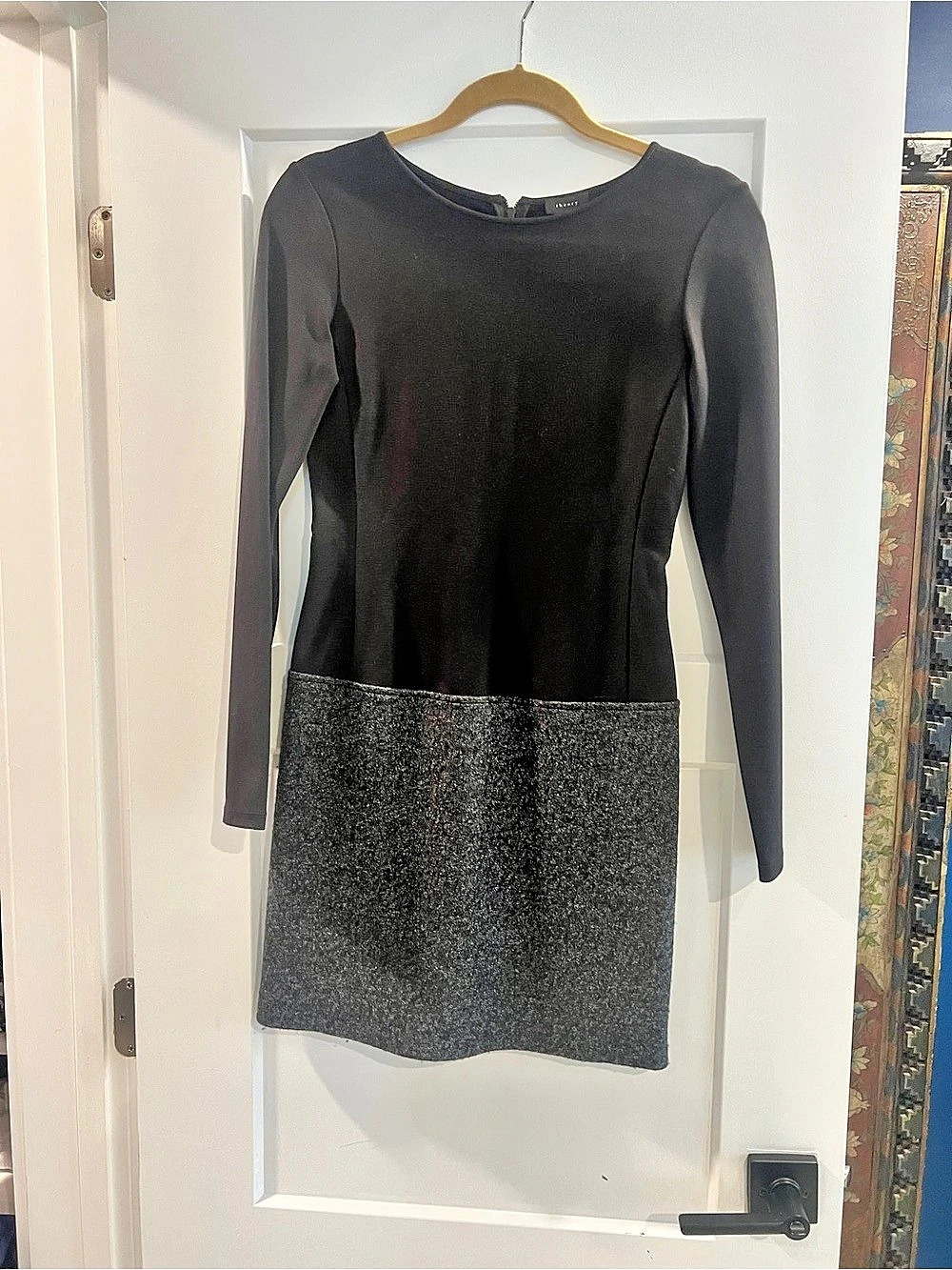 Theory Long-Sleeve Knit Tweed Combo Dress Mini Dress Black Gray Size 2